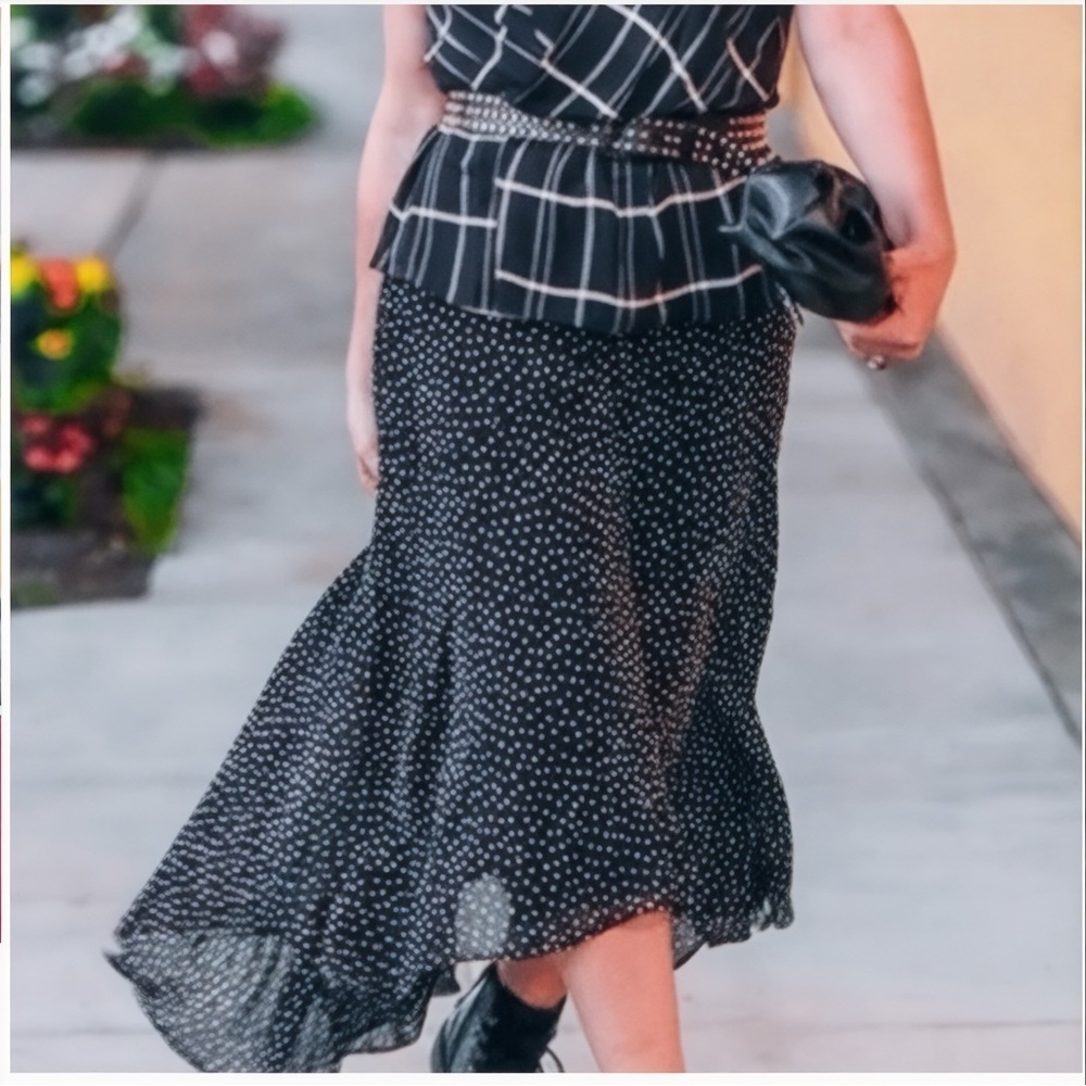 CAbi Sinatra #4024 Black White Polka Dot Handkerchief Midi Skirt Size 12